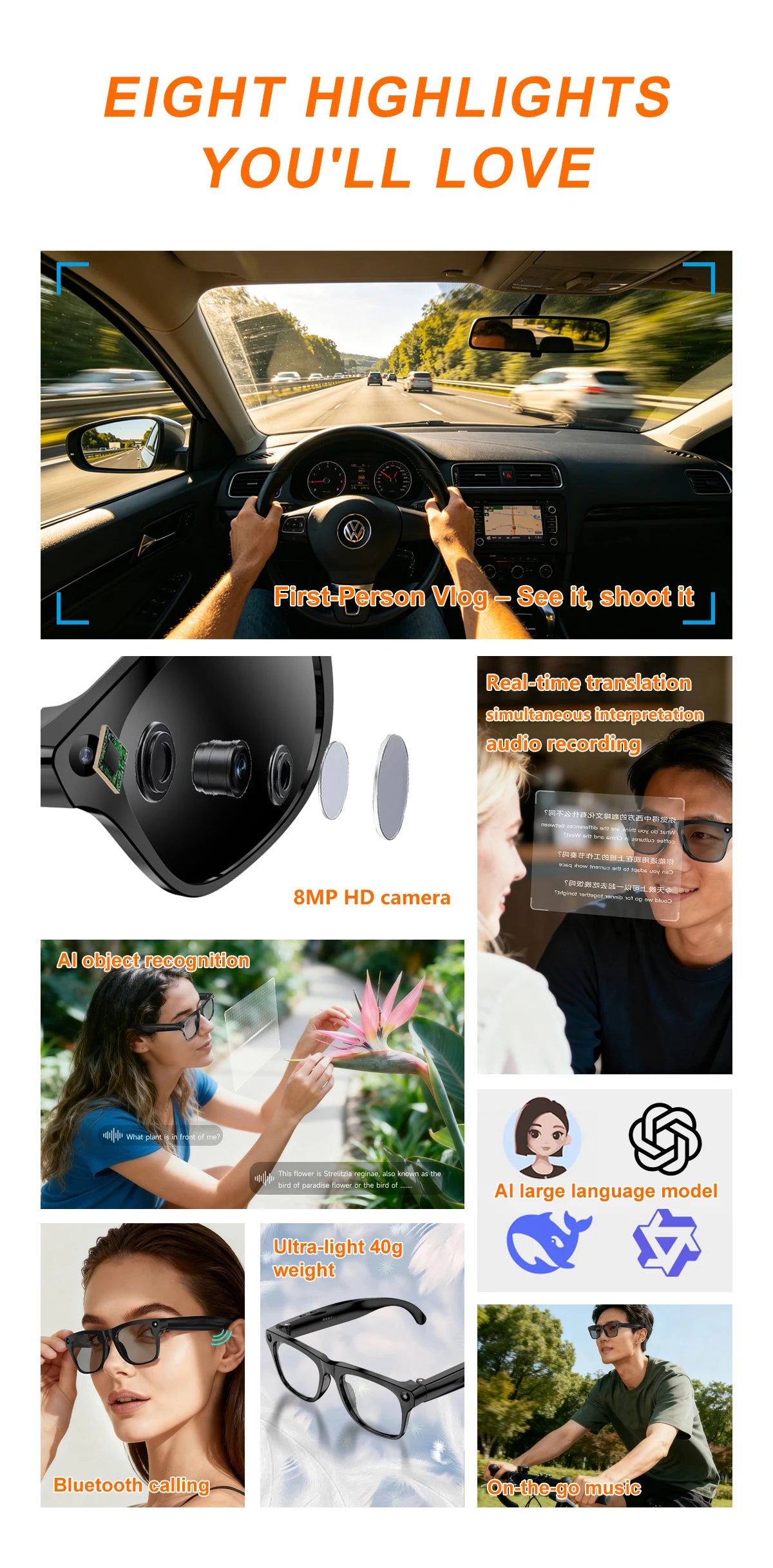 Xiaomi Smart AI Glasses 800W HD 8K Shooting Camera Photo Video Voice Call Translation Waterproof Bluetooth AI Motorcycle Glasses