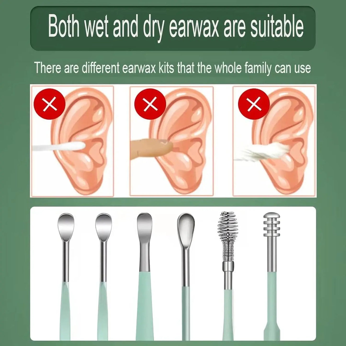 6Pcs/set Ear Cleaner Ear Wax Pickers Stainless Steel Earpick Wax Remover Piercing Kit Earwax Curette Spoon Care Ear Clean Tools